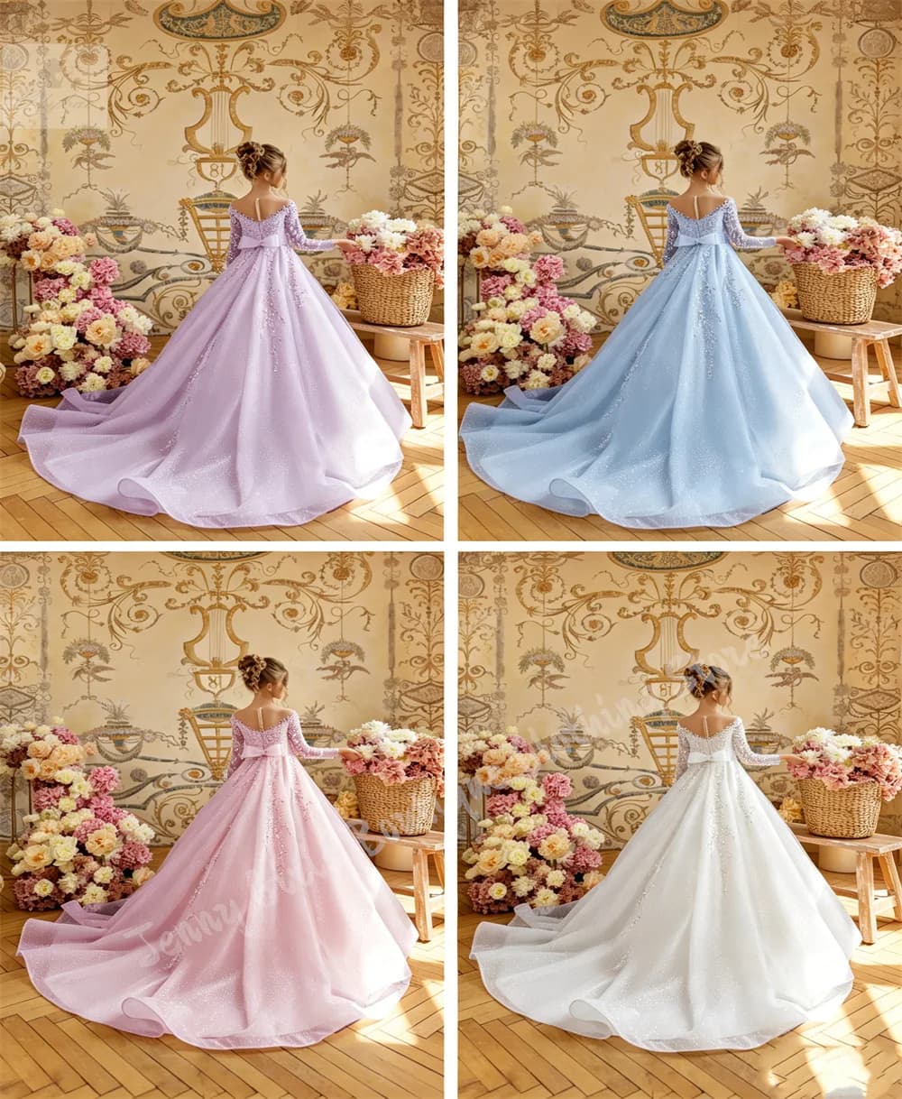 Abiti da Damigella con Perle e Fiori Bianchi Soffici per Bambine, Vestiti a Maniche Lunghe per Prima Comunione, Abiti per Feste di Compleanno
