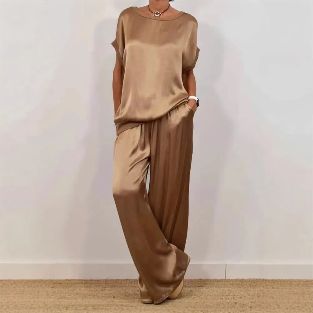 Set of 2 pieces T-shirt with O-neck in satin fashion Top Summer pants Retro elegant wide open pants casual Clothing for women's home