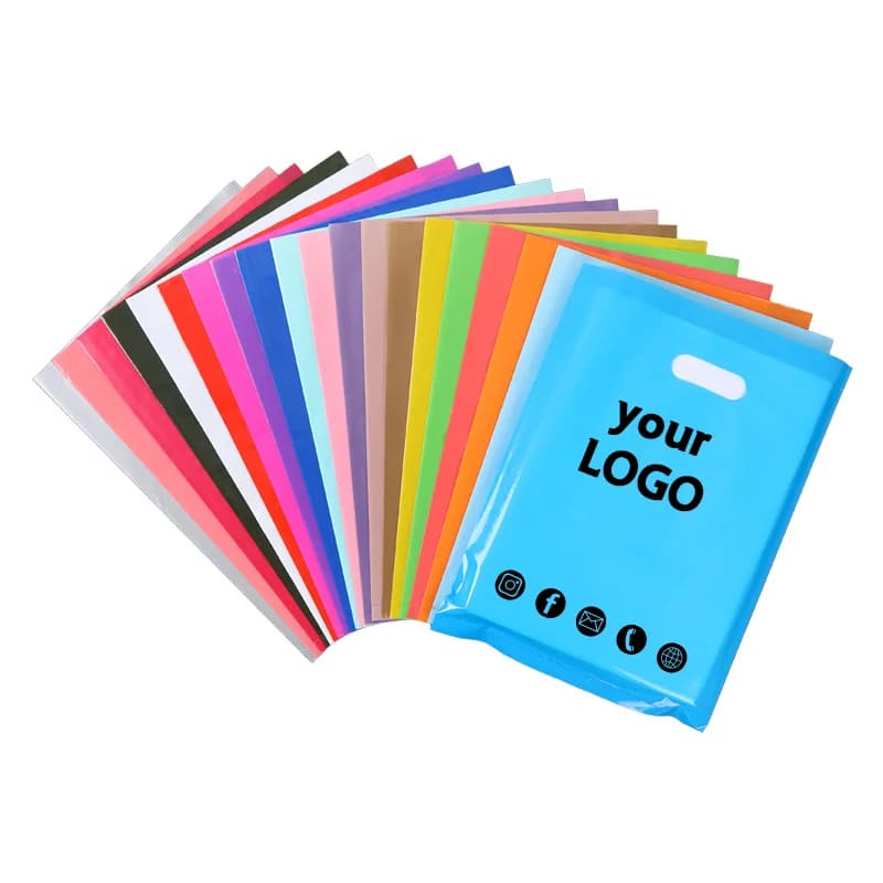 50 sacchetti regalo pubblicitari con logo personalizzato, sacchetti di plastica portatili, sacchetti per la spesa per abbigliamento, stampa di logo, idee di progettazione gratuite