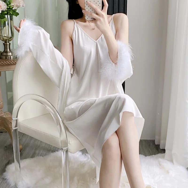 Elegant Feathers Female Twinset Robe Set Nightgown Silky Rayon Long Kimono Bathrobe Gown Sexy Home Dress Loungewear Lingerie