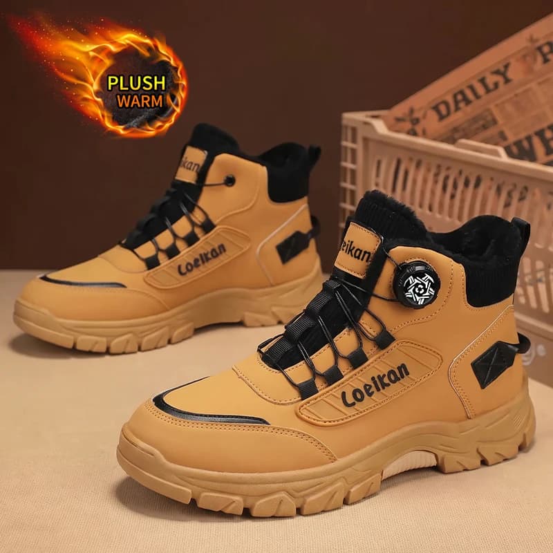 Men Warm Fleece Winter Boots Rotary Buckle High Top Non‑Slip Thick Sole Comfort Shoes For Cold Season Daily City Wear