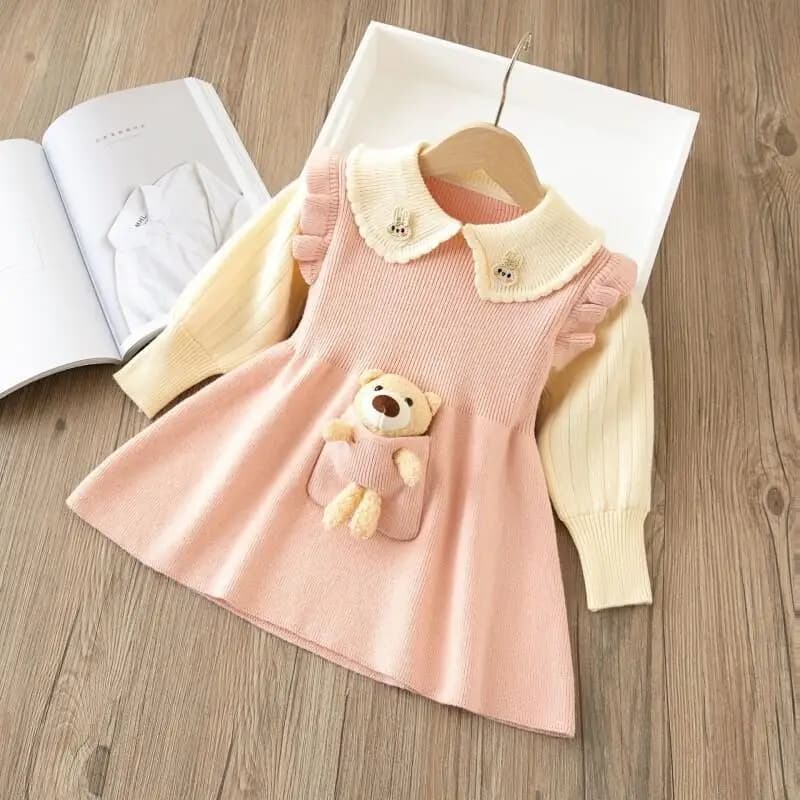 Abito maglione da ragazza Orsetto di peluche cartone animato Abito maglione per bambini Kawaii Cappotto casual Set Moda Abbigliamento in 2 pezzi Ragazze da donna