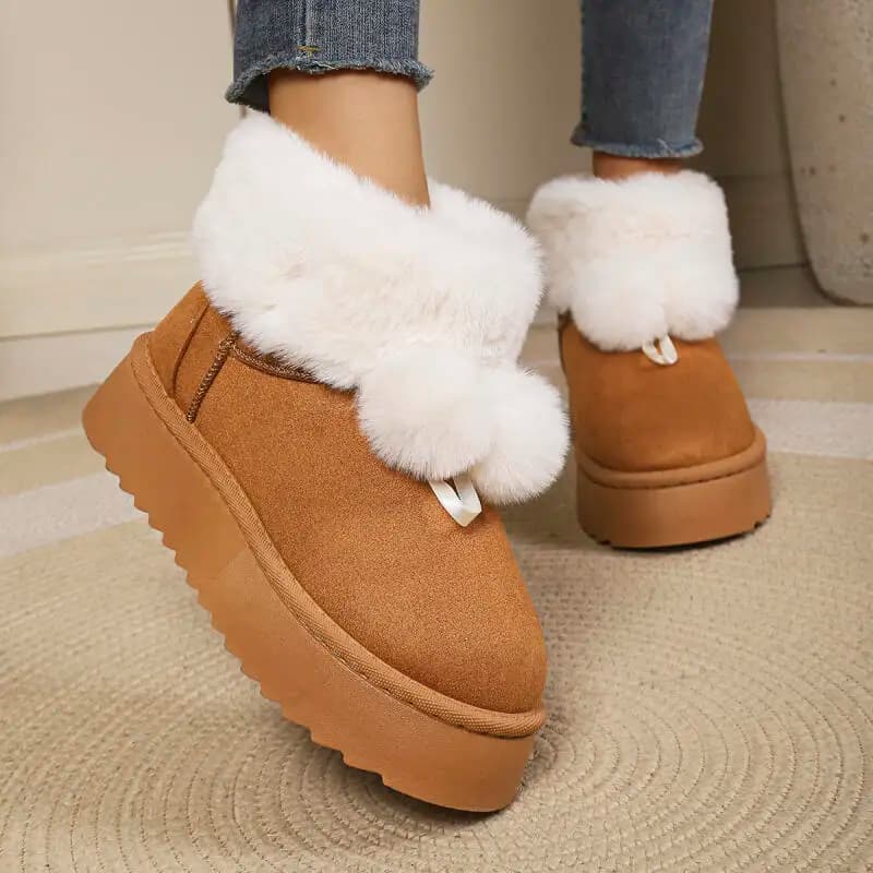 Cute Fluffy Fur Ball Thick Bottom Snow Boots Women Winter 2026 Warm Plush Suede Ankle Boots Comfort Platform Cotton Shoes Mujer