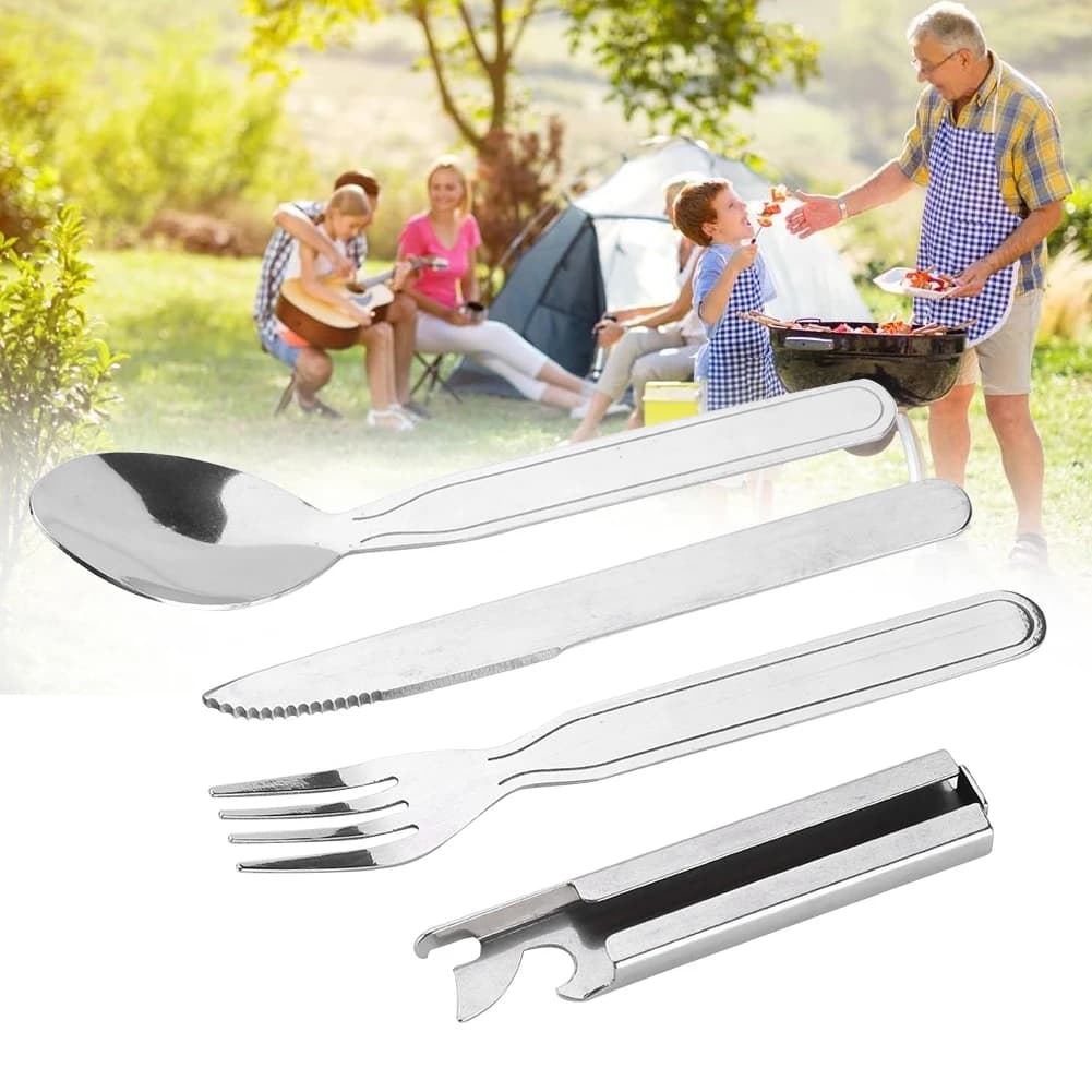 Set di posate da campeggio portatile in acciaio inossidabile, forchetta, cucchiaio, coltello e apribottiglie per campeggio e picnic