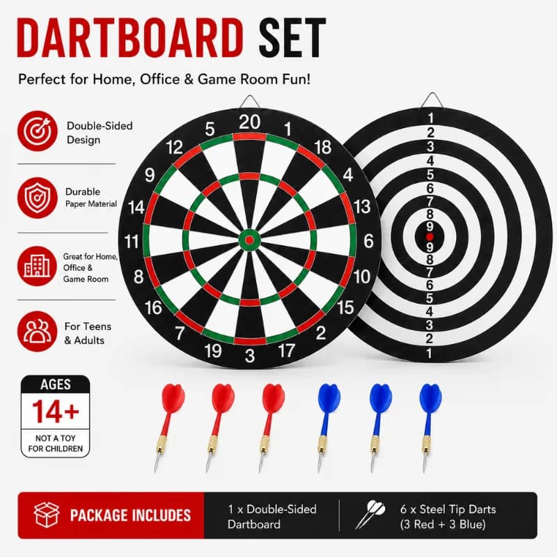 17 Inch Double-Sided Paper Dartboard Set with 6 Steel Tip Darts for Home Game Room