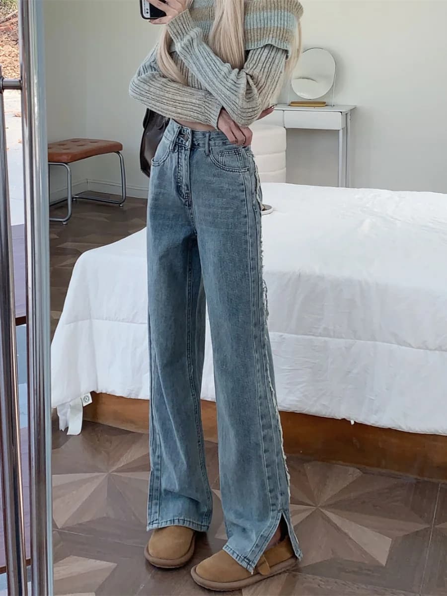 Blue High-Waisted Wide-Leg Pants for Women with Slits Loose Fit Denim Jeans Autumn Fashion Slimming Design Sense Frayed