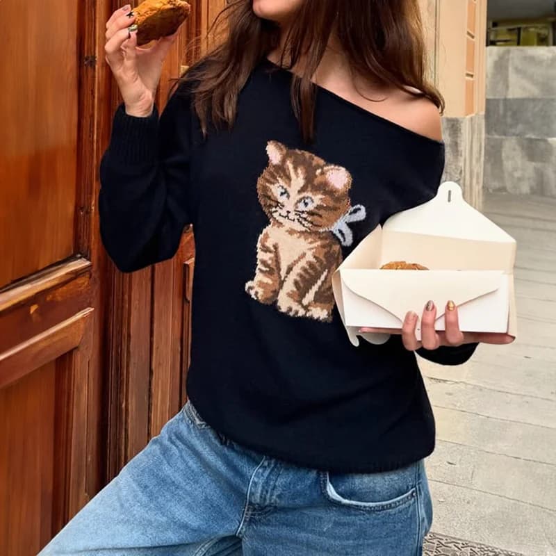 Women's Off Shoulder Knit Sweater with Cat Pattern Long Sleeve Casual Top for Autumn Winter