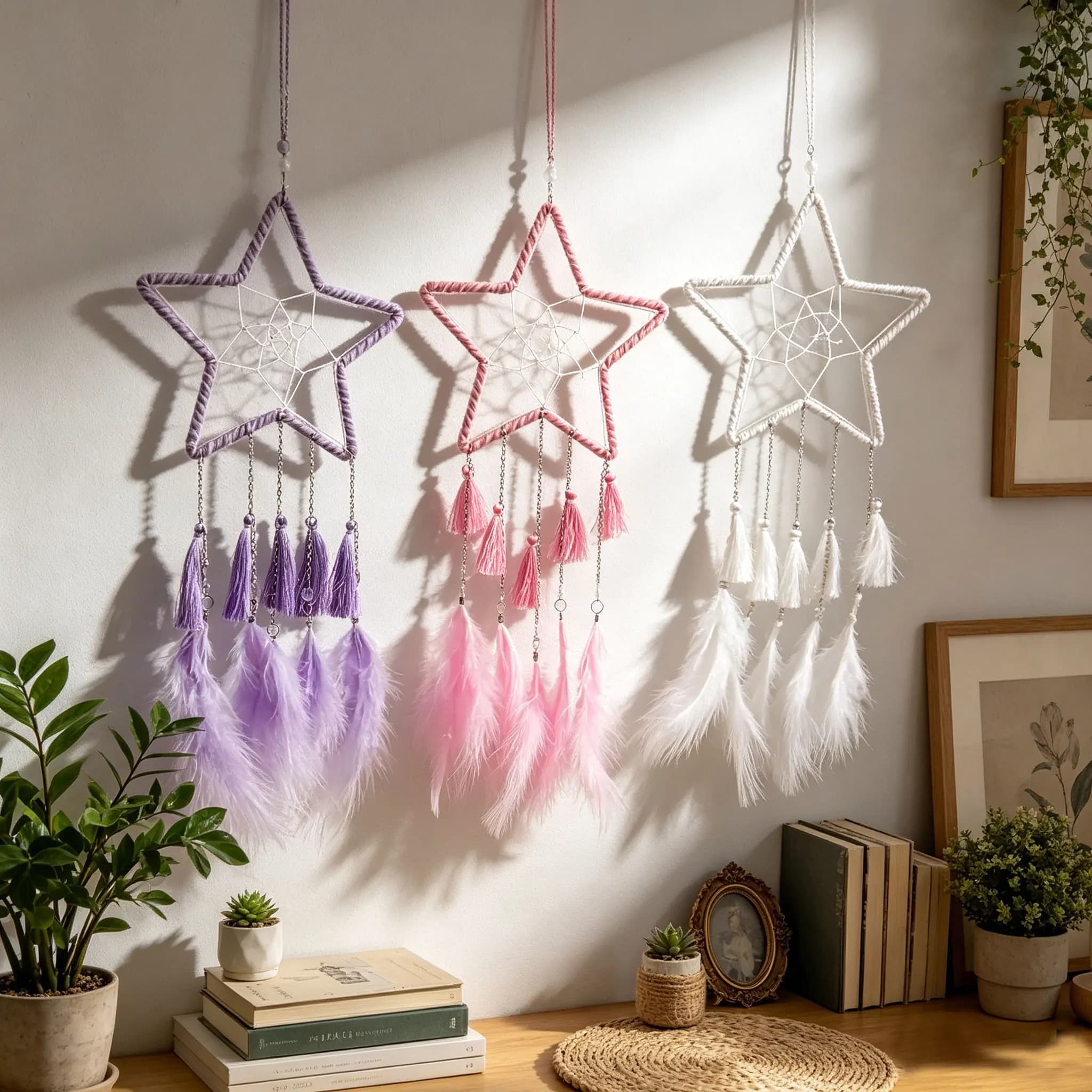 Ins Bohemian Star Dream Catcher Hand Woven Soft Feather Tassel Craft Multi‑Color Optional Wall Art Decor Wedding Party
