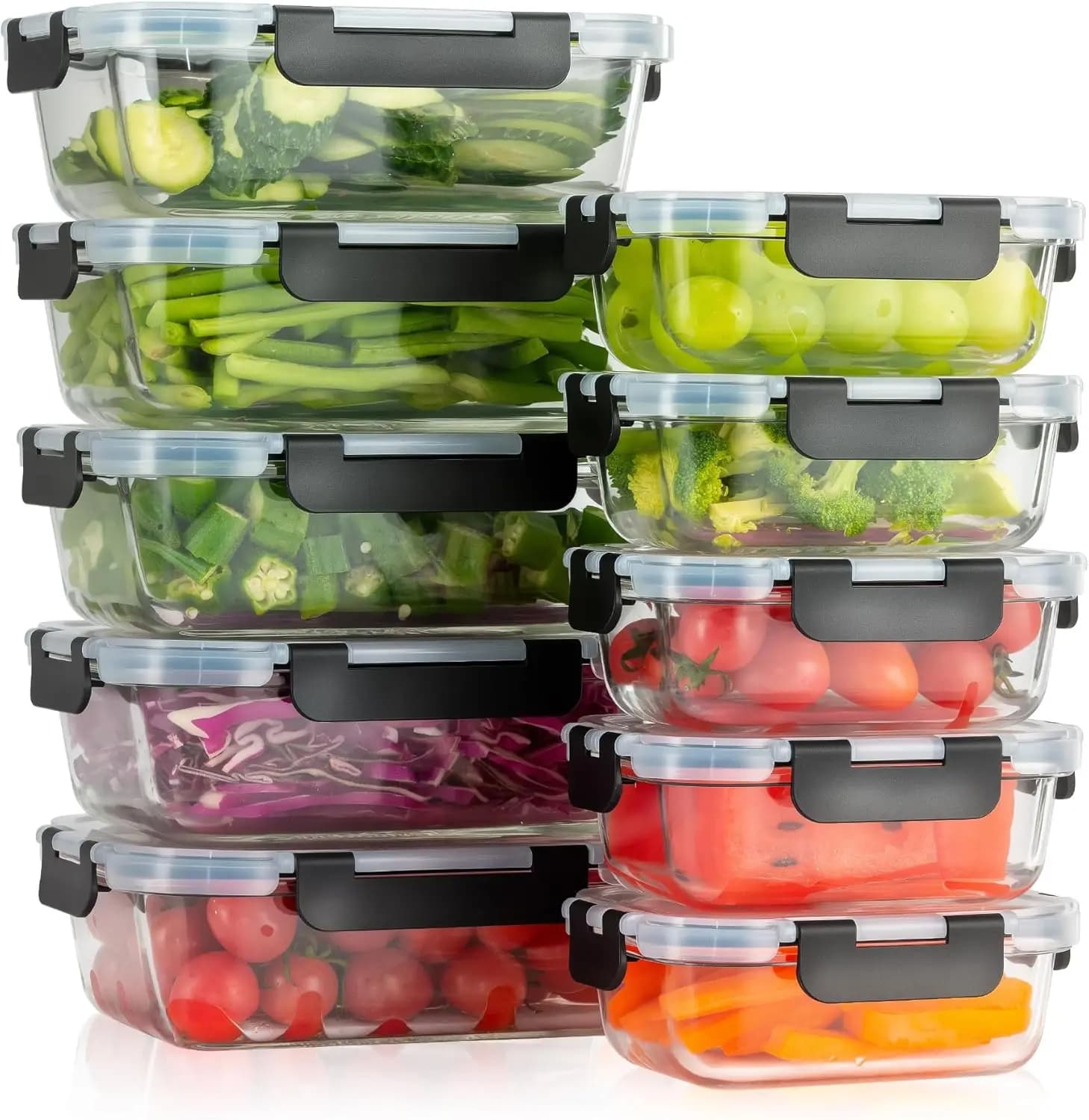 Set di 10 Contenitori in Vetro per Preparazione Pasti con Coperchi, Contenitori per Alimenti con Chiusura Ermetica, Contenitori per Pranzo