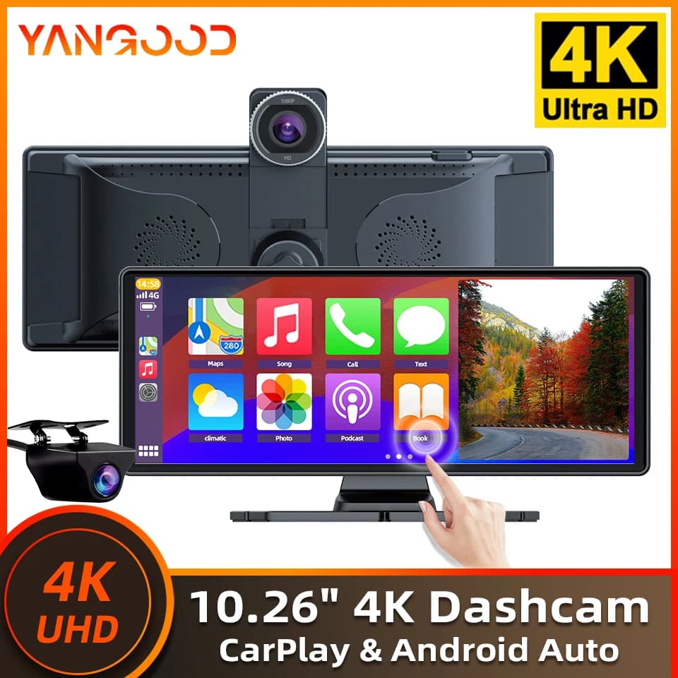 Yangood 4K Car Dashcam 10.26" Android Auto Carplay 1080P Rear Camera GPS WiFi Bluetooth Car Video Recorder Parking Monitor