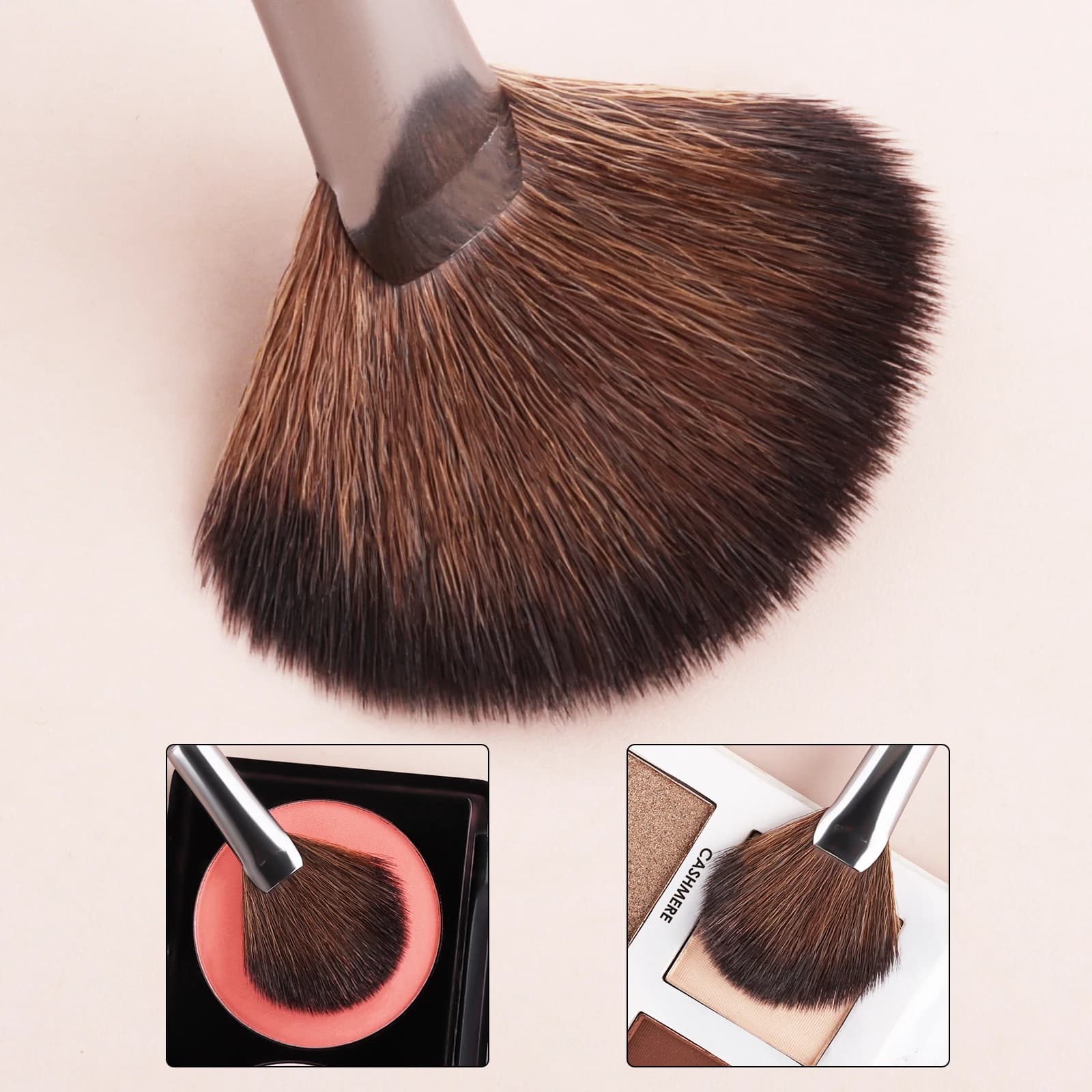 Pennello a ventaglio piccolo per illuminante e blush, setole sintetiche morbide, pennello per trucco con manico in legno per polvere fissante