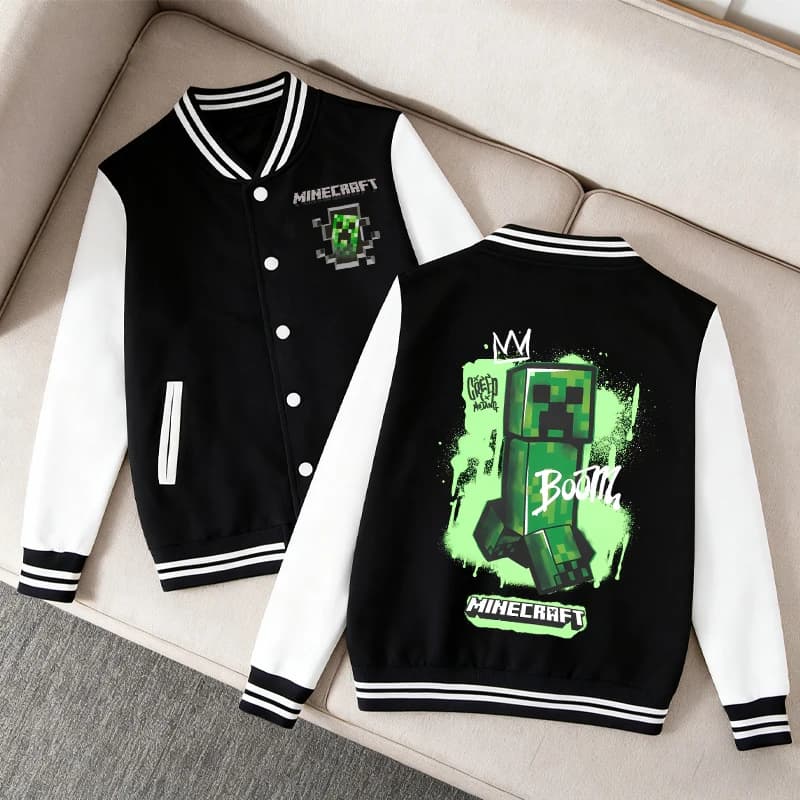 Baseball Jacket with Game Theme Print, Minecraft Coat for Boys, Kids Autumn Sport Clothing for Kids Fashion
