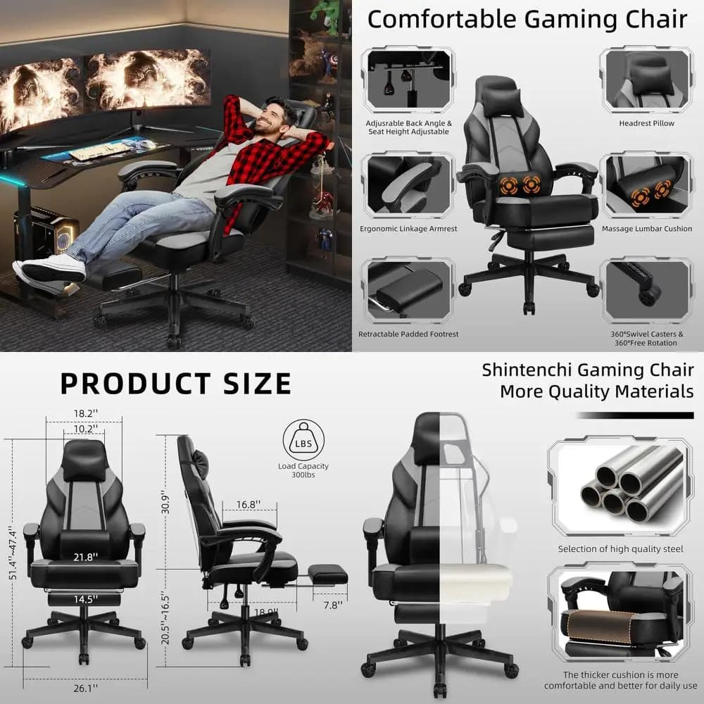 Sedia da gioco, sedia per videogiochi con poggiapiedi e supporto lombare per massaggi, sedia da gioco regolabile in altezza con 360° ° Sedile girevole ergonomico