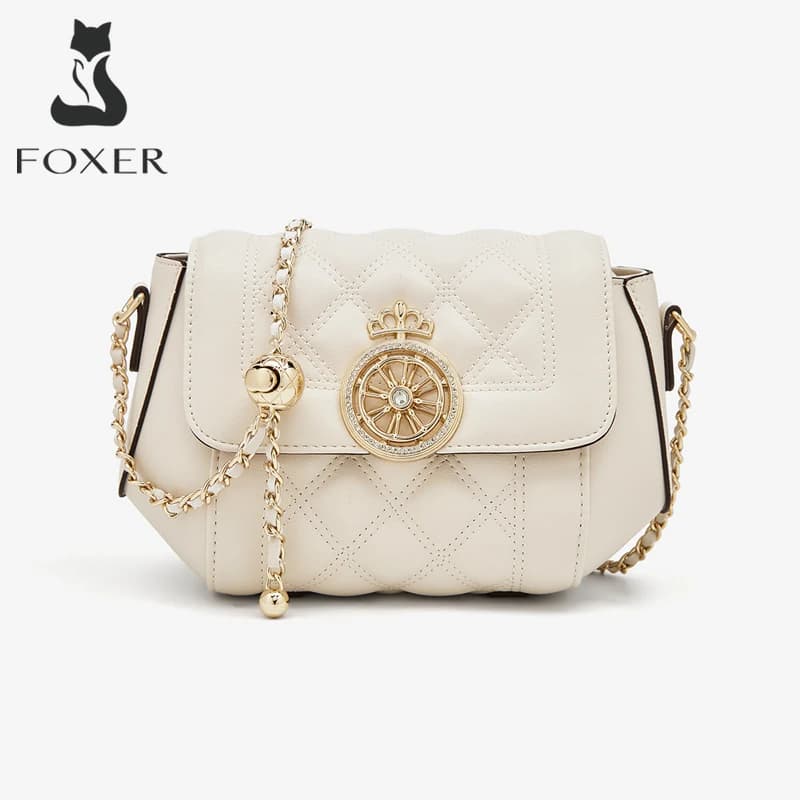 FOXER Elegante Borsa a Tracolla Trapuntata Bianca da Donna in Vera Pelle di Vacchetta con Chiusura a Corona