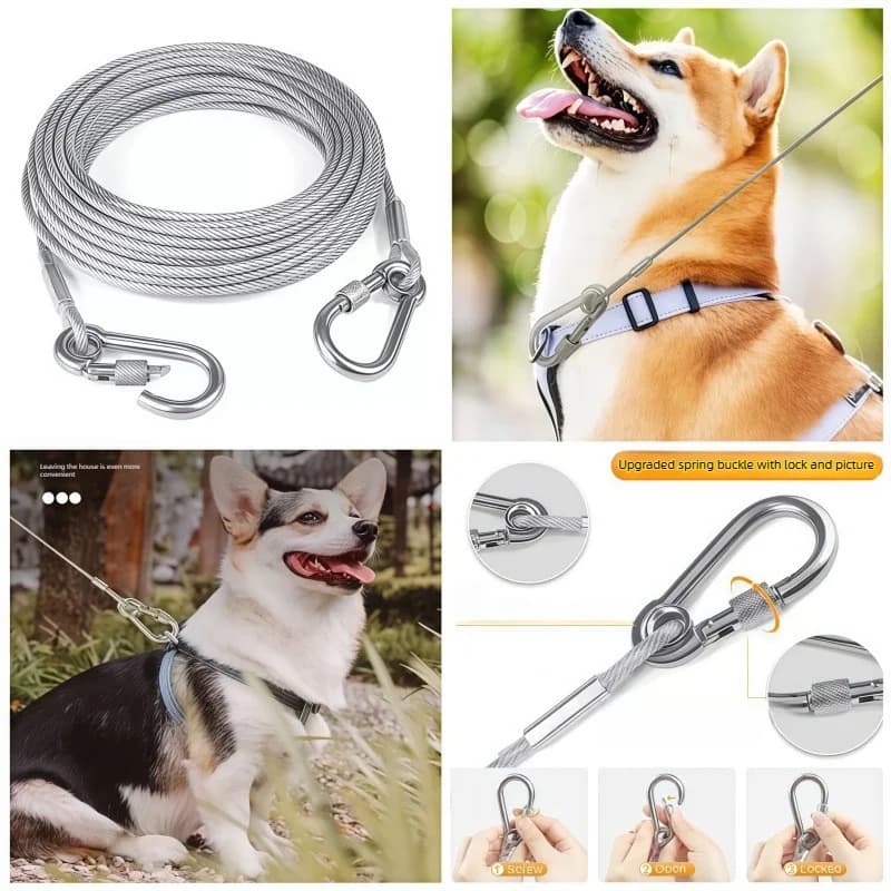 Cavo d'attacco per cani a doppia testa in acciaio antiruggine con fibbia metallica per esterni, giardino, campeggio e addestramento