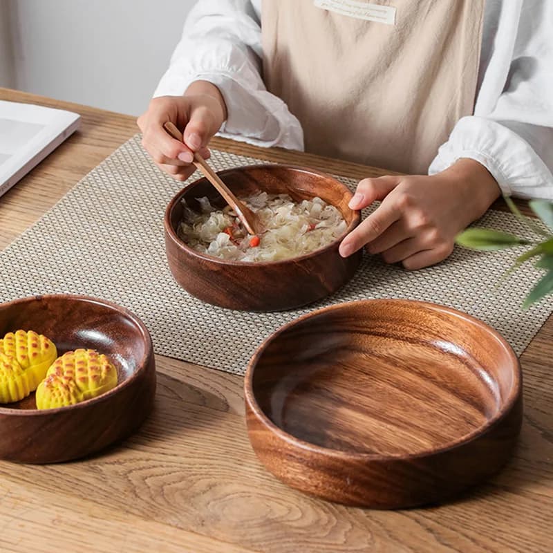 Ciotola per insalata in noce, Piatto in legno massello per frutta, Contenitore per frutta secca, Scatola per snack domestici, Grande piatto impilabile, Ciotola giapponese per noodles