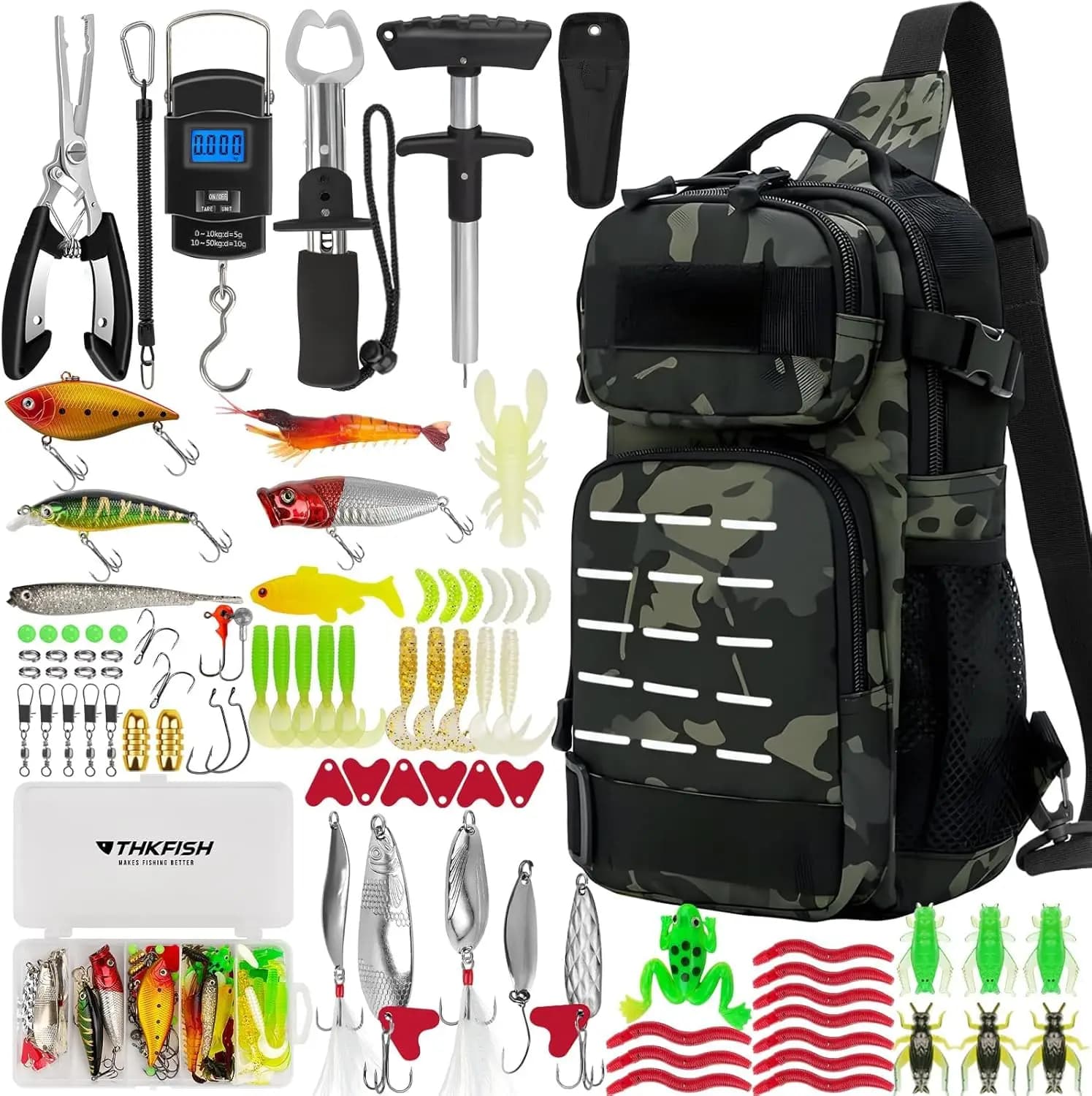 85 Piece Fishing Toolkit with Backpack, Tool Boxes, baits, pliers, Ami Extractor and Pisces