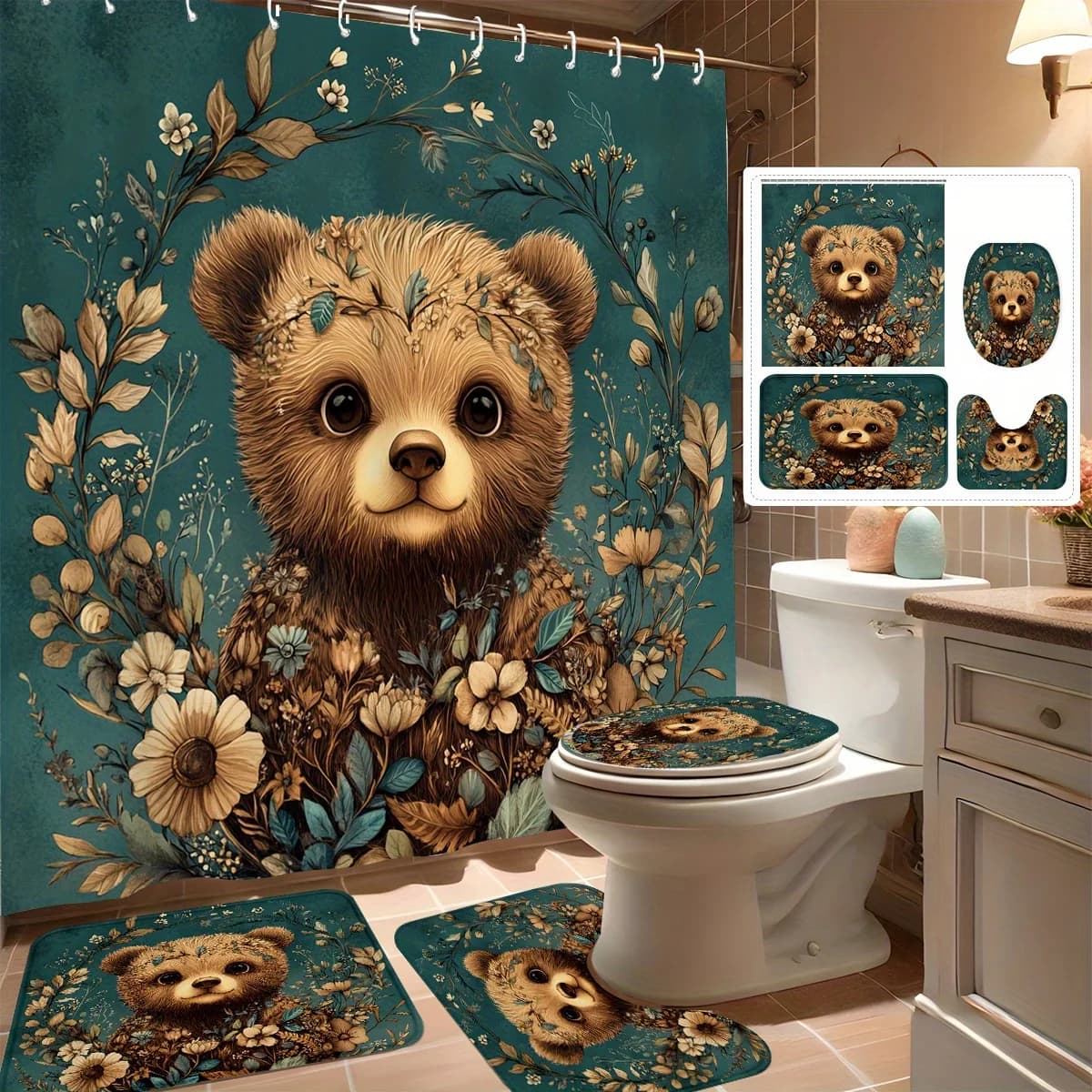 Set di tende da doccia da 4 pezzi, orsetto carino con design a ghirlanda floreale, arredamento moderno per il bagno, include 12 ganci, tappetino da bagno antiscivolo