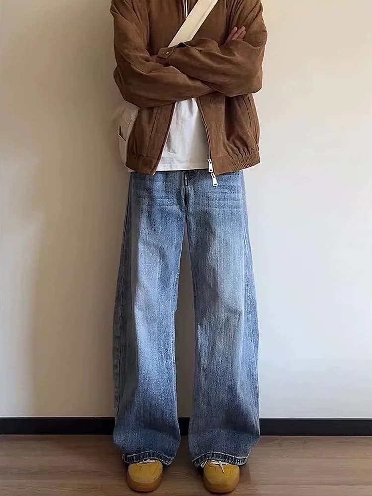 Light Blue Waed Knife Jeans Men's Straight Leg Loose Wide Leg Pants Autumn Winter American High Street Drapey Trousers