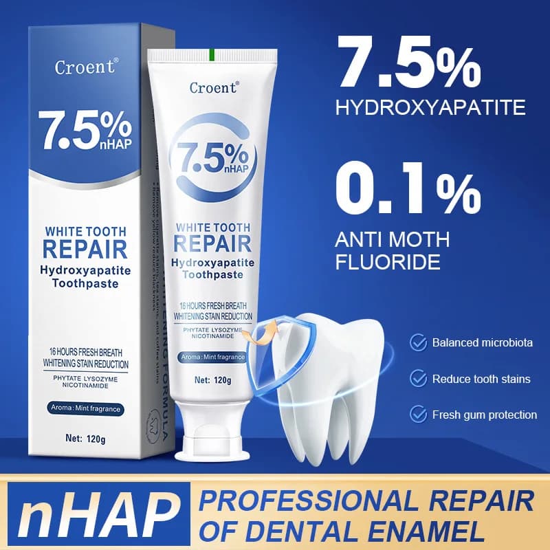 Dentifricio sbiancante 7,5% nHAP, rimuove le macchie gialle, alito fresco per 16 ore, trattamento contro l'alitosi, menta, 120g