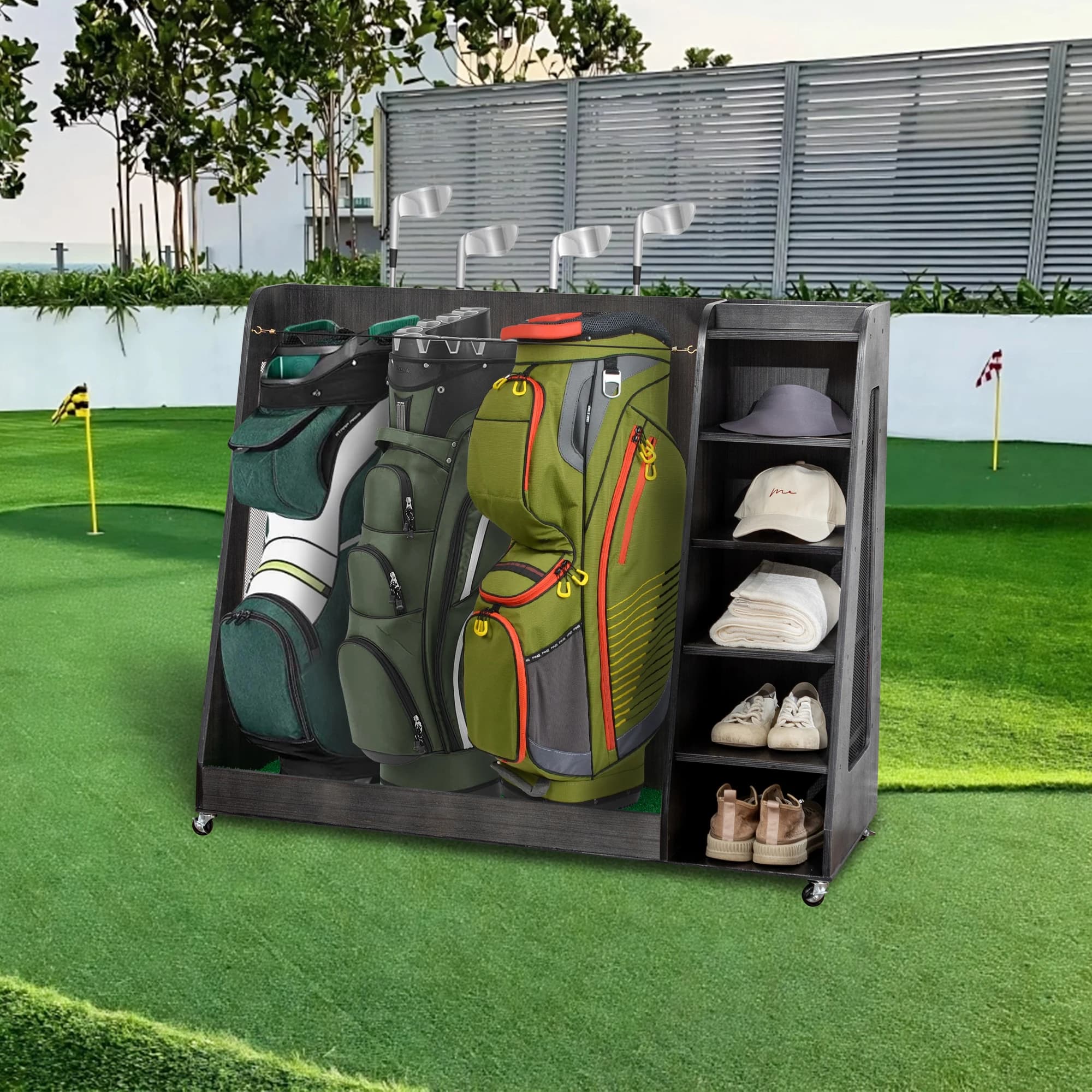 Porta Sacche da Golf in Legno per 3 Sacche, 14+ Mazze, Palline, Scarpe e Accessori - Organizzatore