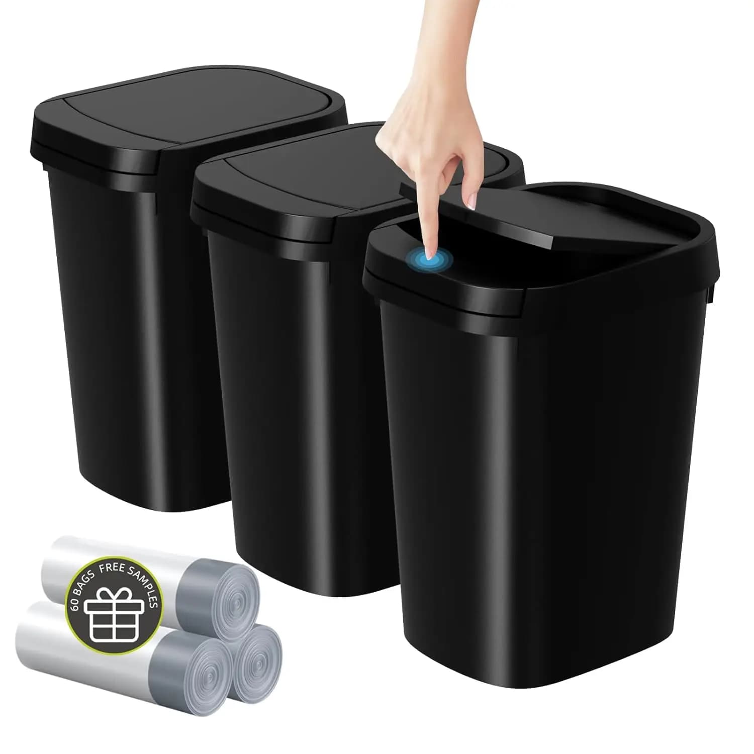 Set di 3 Cestini per Rifiuti Sottili con Coperchio Pop-Up, 10L/2,6 Galloni, Nero Opaco, per Bagno, Cucina, Ufficio