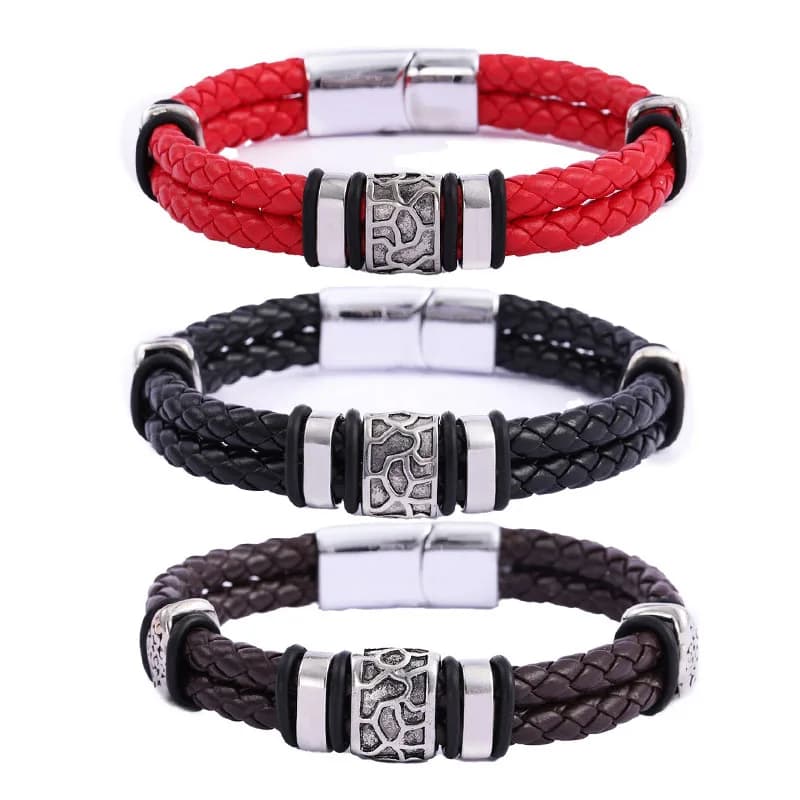 Vintage Gothic Magnetic Clasp Cuff Bangle Hand Jewelry Accessories Carved Metal Beaded Charm Braided Leather Bracelet for Men
