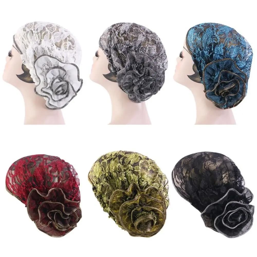 Sweet Lace Flower Turban Hat Muslim Elastic Beanie Head Scarf Breathable Headwear Women