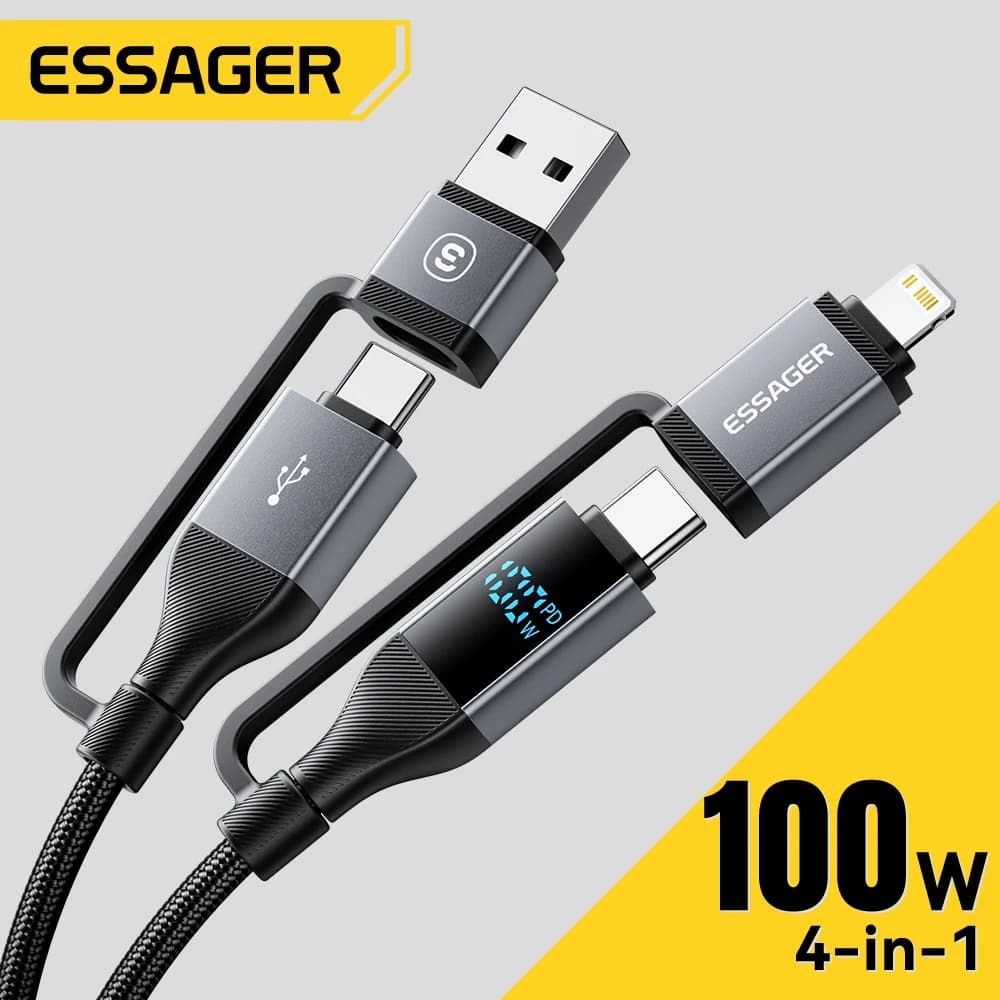 Essager 4 in 1 100 W USB C Cable Digital Display Fast Charging for iPhone 16 15 14 Pro Max MacBook iPad USB Type C Lighting Cable