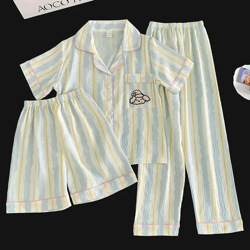 Cute puppy-patterned pajama set, a short-sleeved top and matching shorts and pants, comfortable summer homewear