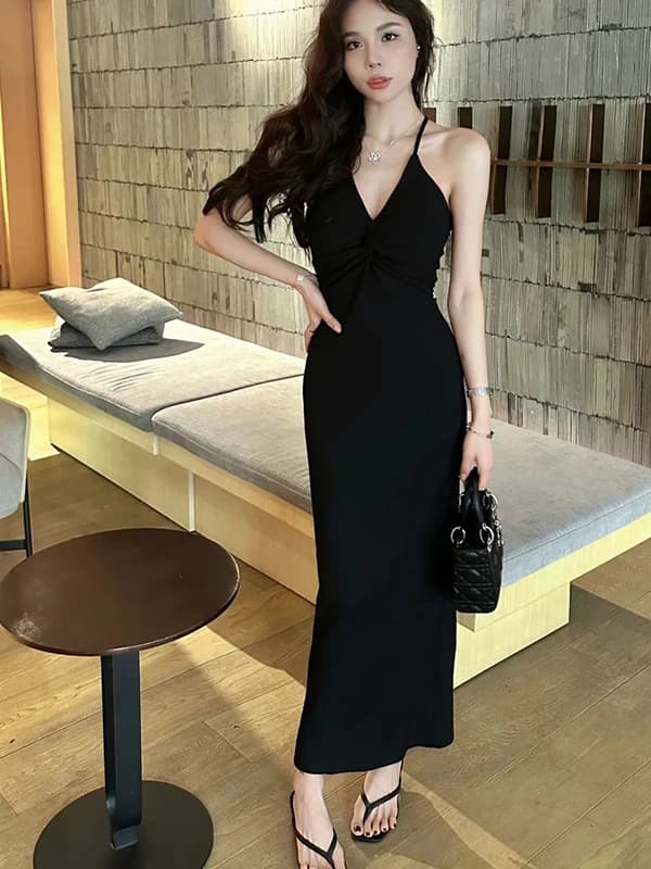 Abito Nero Sexy con Nodo e Scollo a V, Vestito Modellante Lungo con Spacco per Donna, Nuovo Stile Estivo