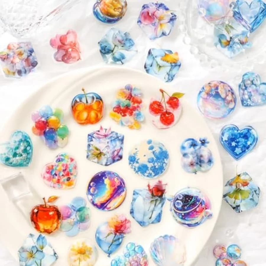 120 Pcs Crystal Clear PET Stickers, 6 Packs Ice Cube Flower Bottle Decals