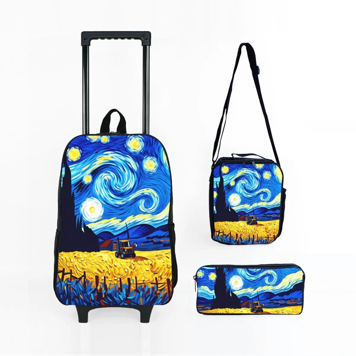 Set di Borse Trolley con Ruote Golden Fields Starry Sky con Borsa Pranzo e Astuccio con Ruote, Zaino Trolley Scolastico per Ragazze/Ragazzi