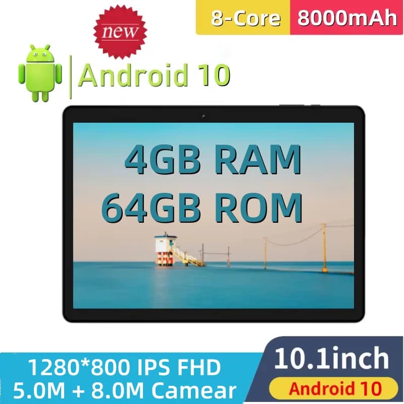 Tablet Android 10 da 10,1 Pollici IPS 1280*800, UNISOC T310 Quad-Core, Doppia Fotocamera, 4GB RAM, 64GB ROM, Type-C, Batteria 8000mAh