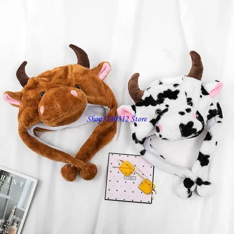 634C Cow Hat Plush Animal Cartoon Headgear Gift Windproof Warm Hat Dress Up Plush Halloween Cospaly Props