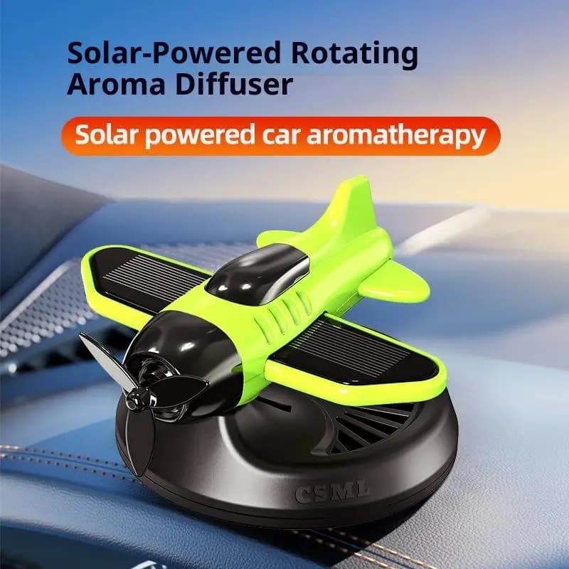 Air Freshening Diffuser with Rotating Aircraft Shape Design; Eco-friendly Solar Powered Operated for Vehicles