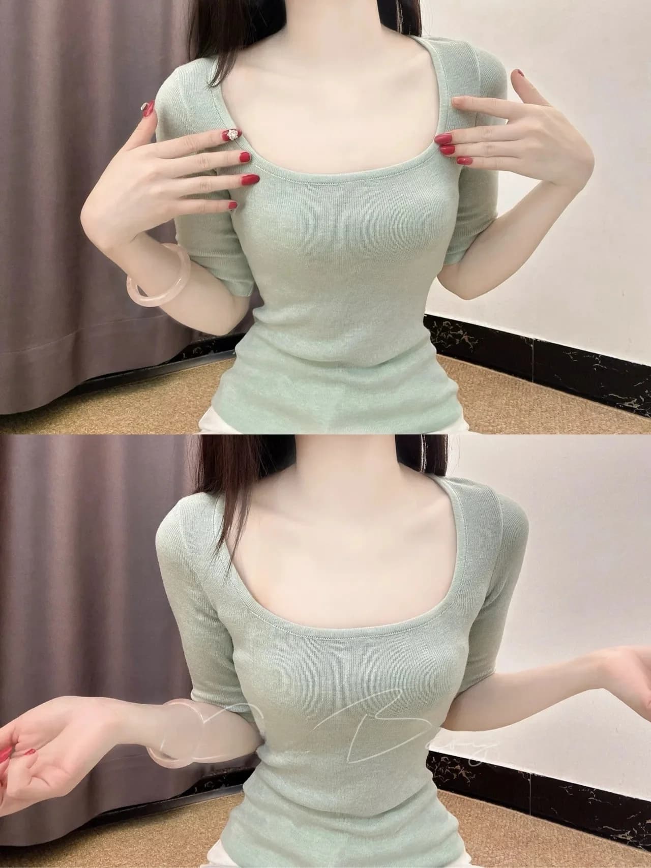 Slim Fit Knitted Top Mint Green Spring Summer Waist Cinched Midi Sleeve Square Collar Stylish Versatile Women's T-shirt