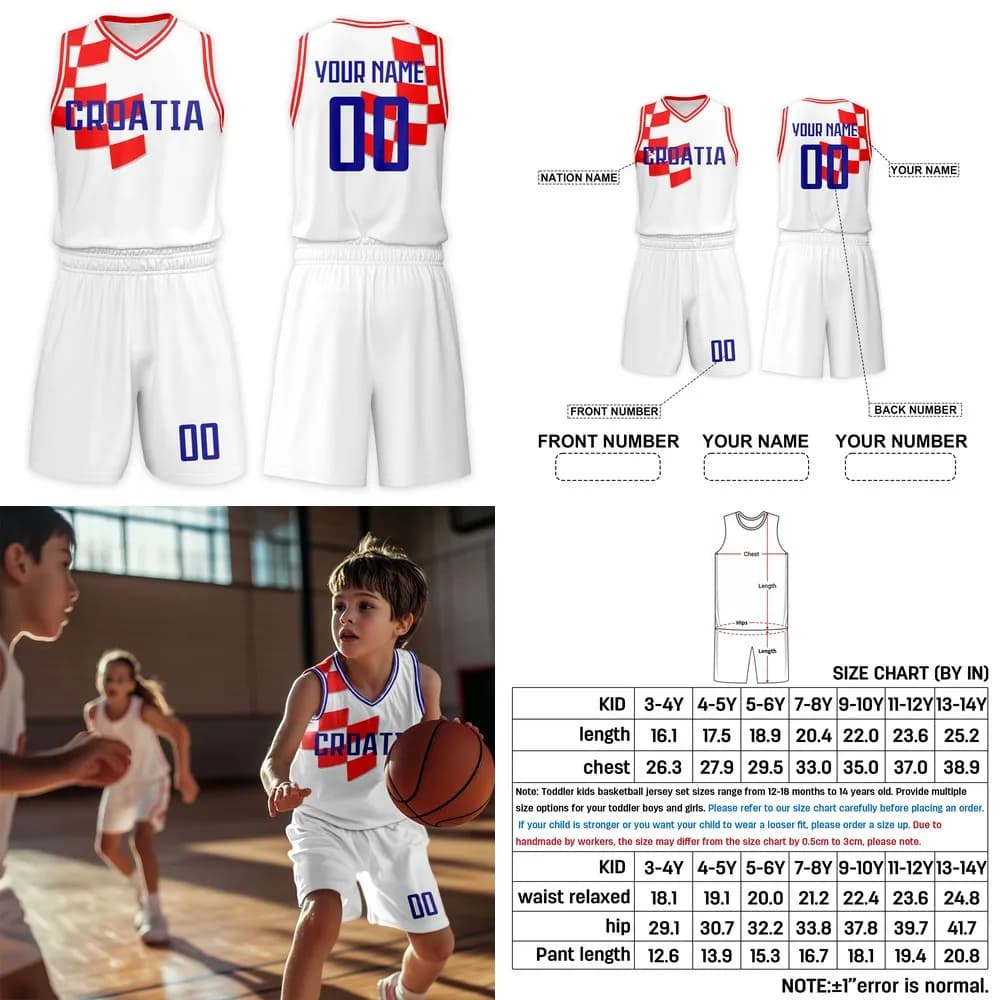 Set Divisa da Basket per Bambini Croazia Personalizzabile con Nome e Numero - Prezzo all'Ingrosso, Vendita Diretta dalla Fabbrica