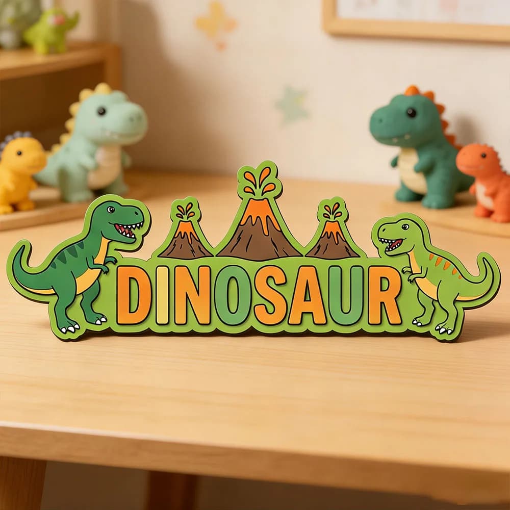 Targa Personalizzata con Nome Volcano e Dinosauri Preistorici per la Cameretta dei Bambini, Regalo Unico con Tema Giurassico, Appendiporta in Legno