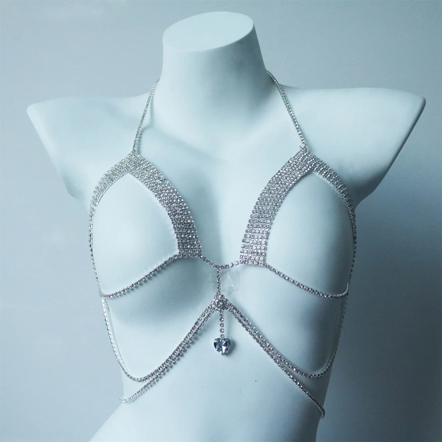 Sexy brillante amore cristallo catena petto ciondolo gioielli discoteca festa bikini strass catena petto biancheria intima spogliatoio