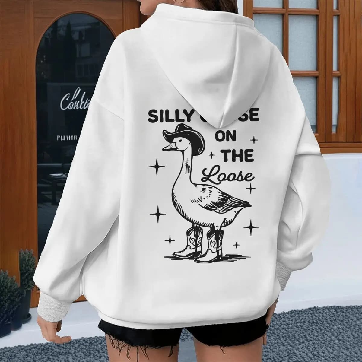 Abbigliamento da uomo e da donna, Felpe con stampa Silly Goose on The Loose, Felpa con stampa cappello e stivali da cowboy western, Abbigliamento divertente con meme