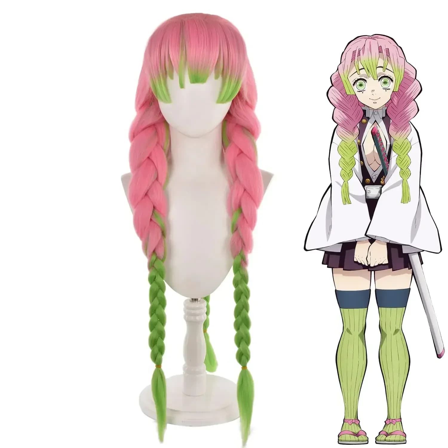 2026Role playing wig, anime mixed green and pink long wig
