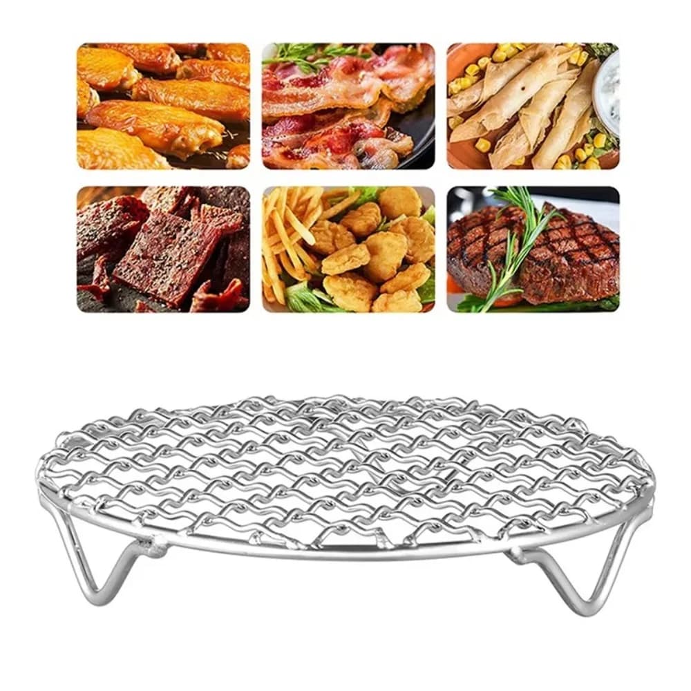 Portable Round Air Fryer Rack Stainless Steel with Foot BBQ Net Stackable Grid Grill Home Kitchen Oven Steamer Cooker