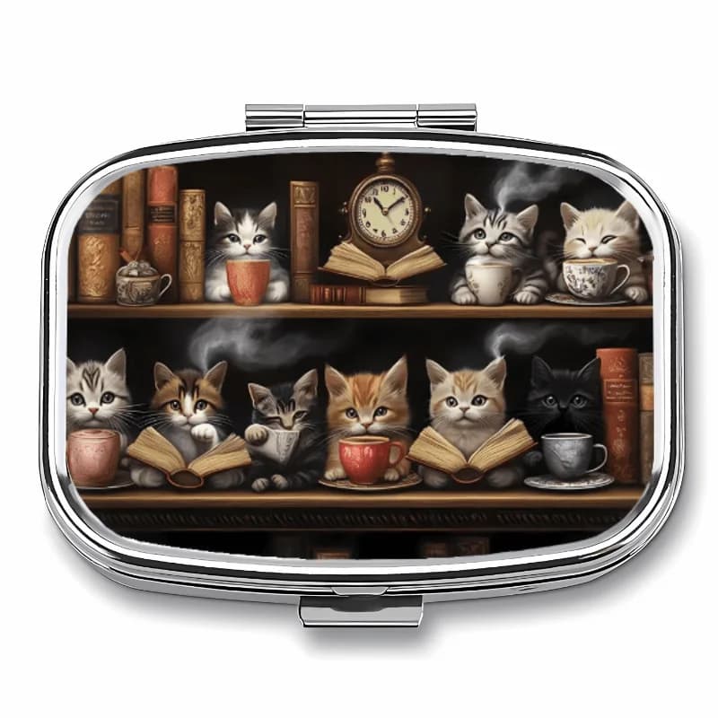 Metal Wallet with Library Cat Printing, 2-part Portable Organizer for Vitamins and Daily Pills