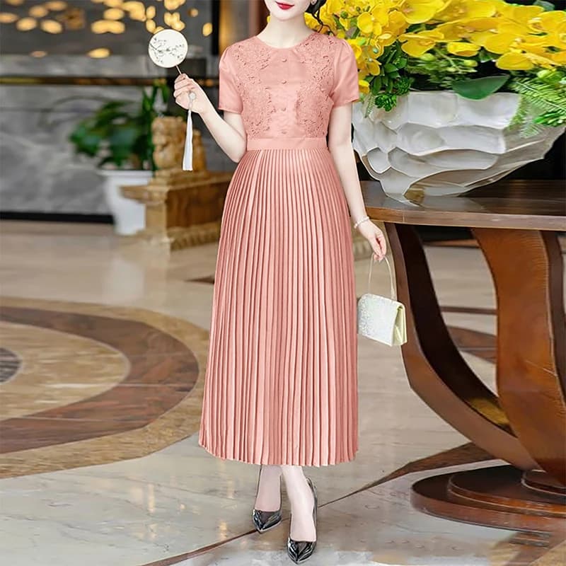 ZANZEA Elegante Vestito Da Sera Del Partito Delle Donne di Estate Del Merletto Midi Abiti 2026 di Modo Manica Corta Pieghettato Solido Streetwear Robe Femme