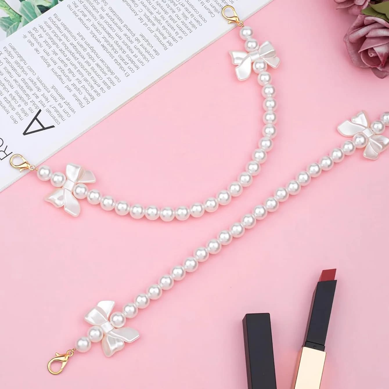 1 Pcs Bow Pearl Purse Chain Handbag Straps Pearl White Shoulder Crossbody Bags Short Handle with Lobster Clasps