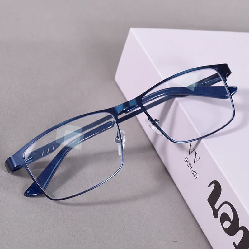 May Flower Anti Blue Light Reading Glasses Men Metal Prescription Eyeglasses With Spring Hinge Blue Color Frame For Men +75+175