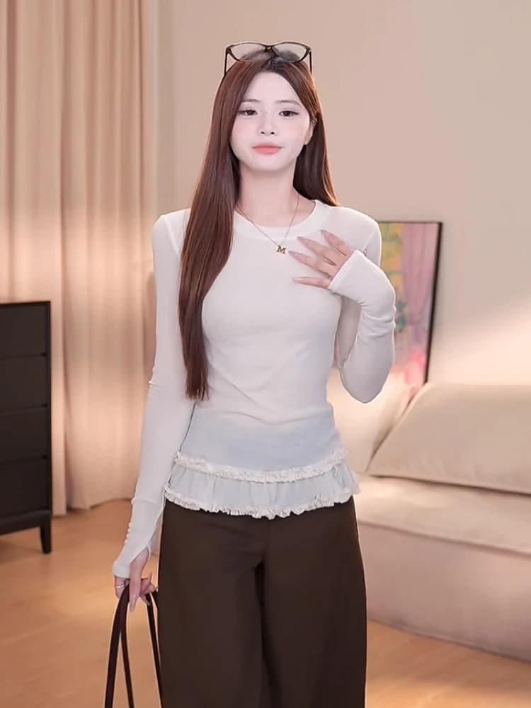 Sexy Pure Desire Lace Hem round Neck Long Sleeve T-Shirt Women's Spring Style Slimming Base Layer Shirt City Walk Casual Wear