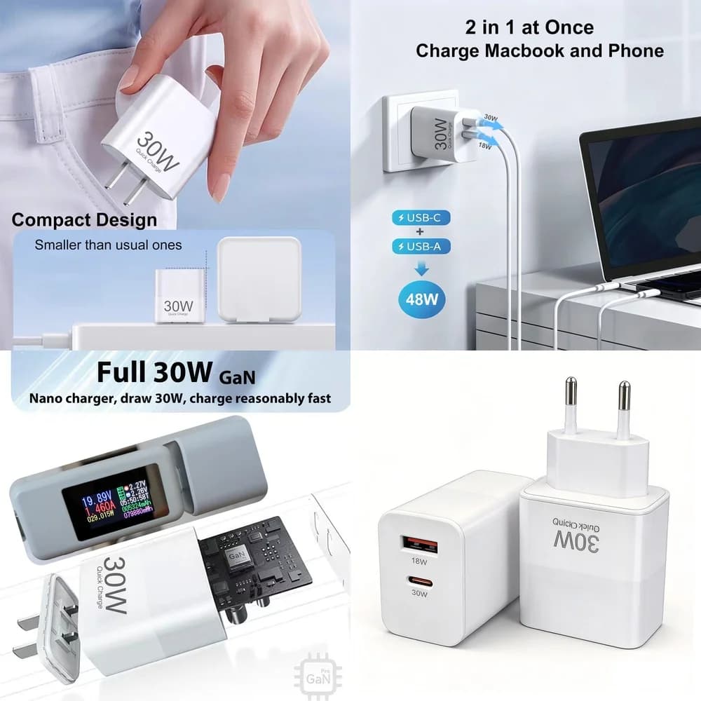 Portable 30W USB C Wall Charger Dual Port US EU Plug Travel Adapter for iPhone 17 16 15 Pro Max Samsung Galaxy S26 S25 S24 Plus