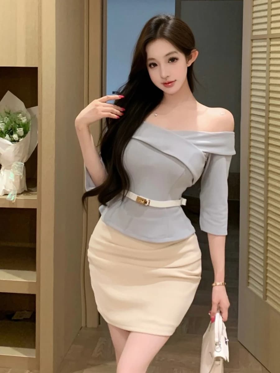Completo gonna midi monospalla effetto snellente, stile sexy, camicia e gonna abbinate per giovani donne, camicia monospalla a mezza manica